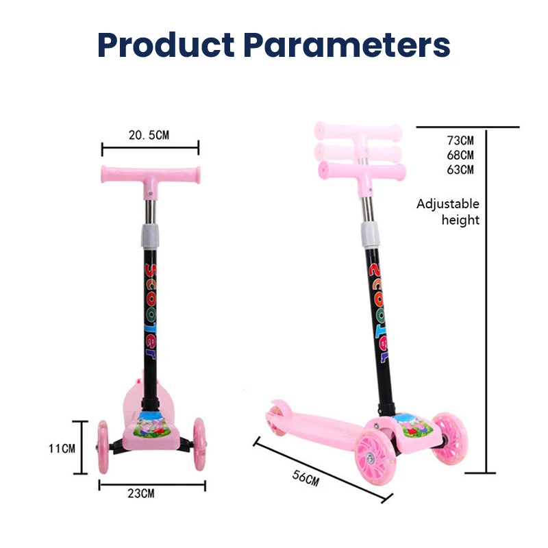 Kids Push Scooter Kick Scooter Wheels Adjustable Height Kids Scooter Lean To Steer 3 Wheel Scooter for Kids Ages 3-10